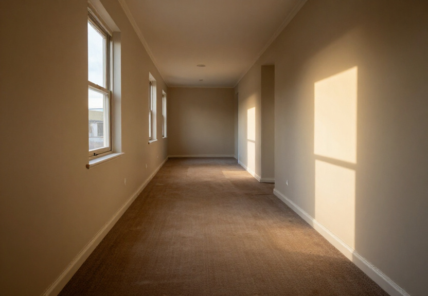 Same living room after water extraction and drying, with clean, dry carpet