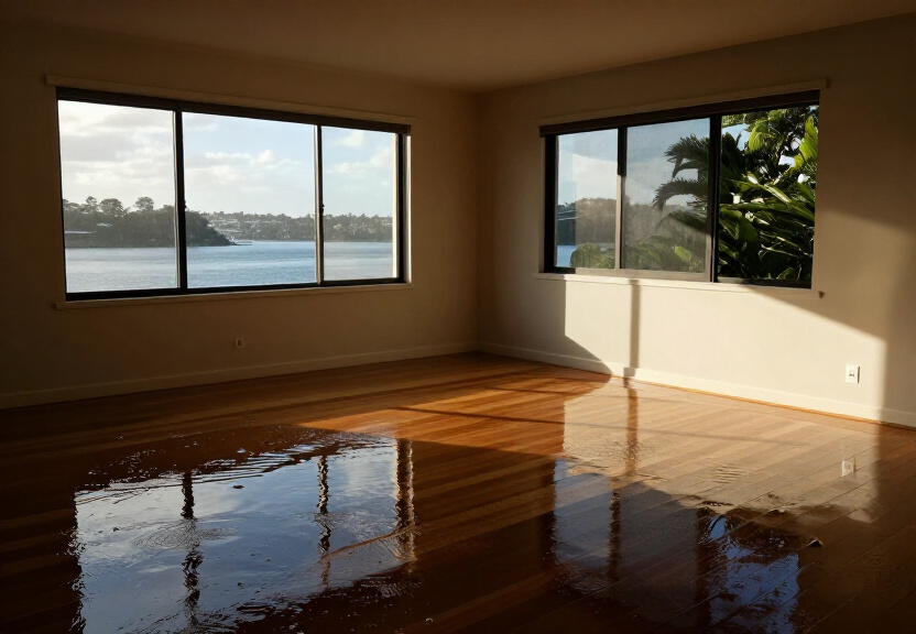Flooded living room in a Smithfield home with water covering the carpet